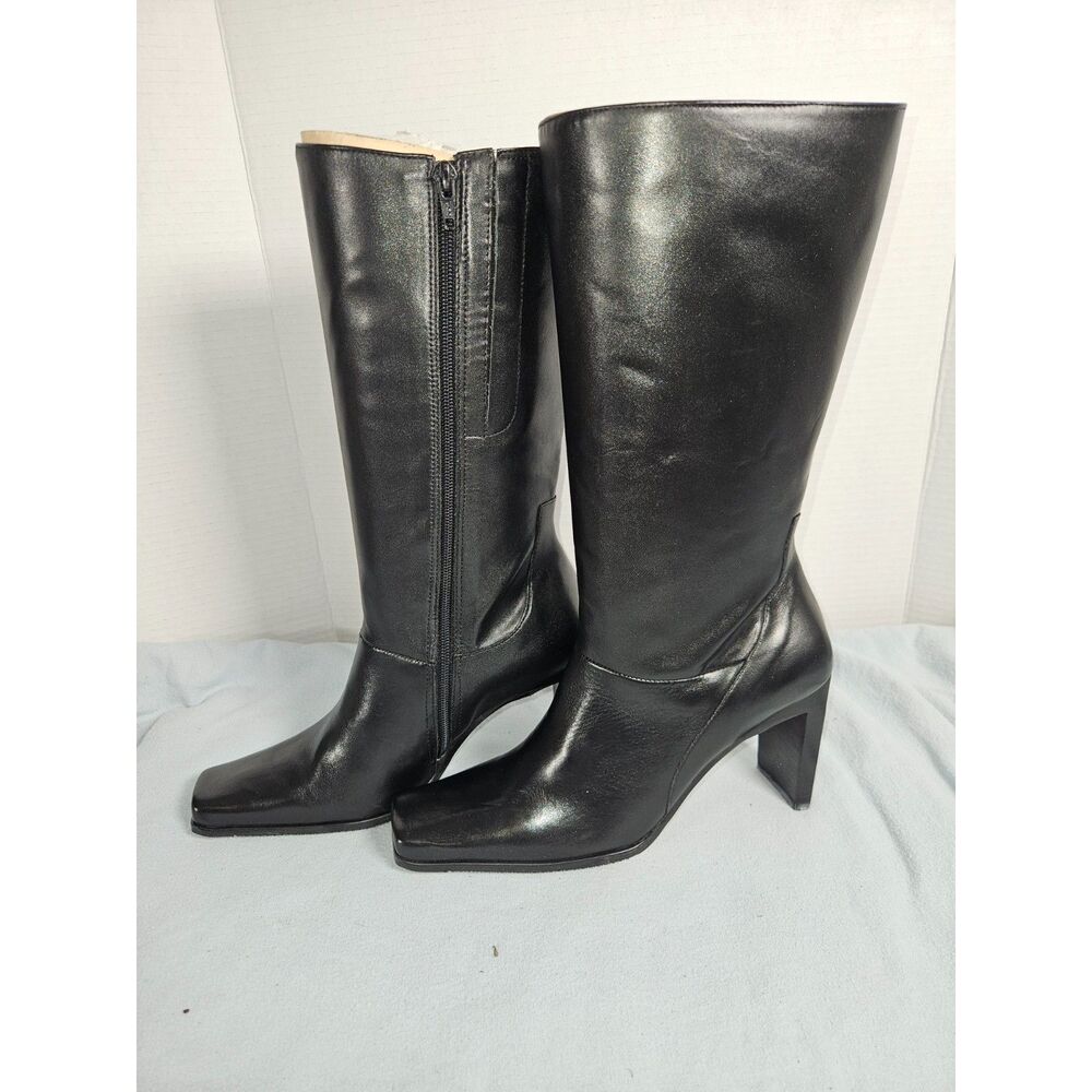 Vintage Y2K Black Leather Square Toe Block Heel Knee High Shaft Boots 10M